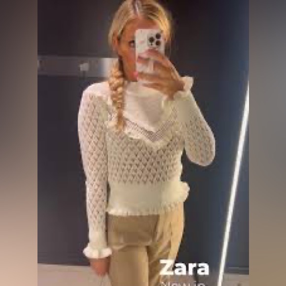 ZARA CROCHET POINTELLE RUFFLE SWEATER - Picture 3 of 10